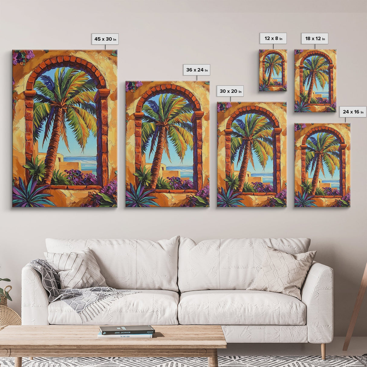 Palm Tree, Tropical Window, Coastal Home, Framed Canvas Print, beach wall art, boho art, Mediterranean decor, Kitchen Wall Art