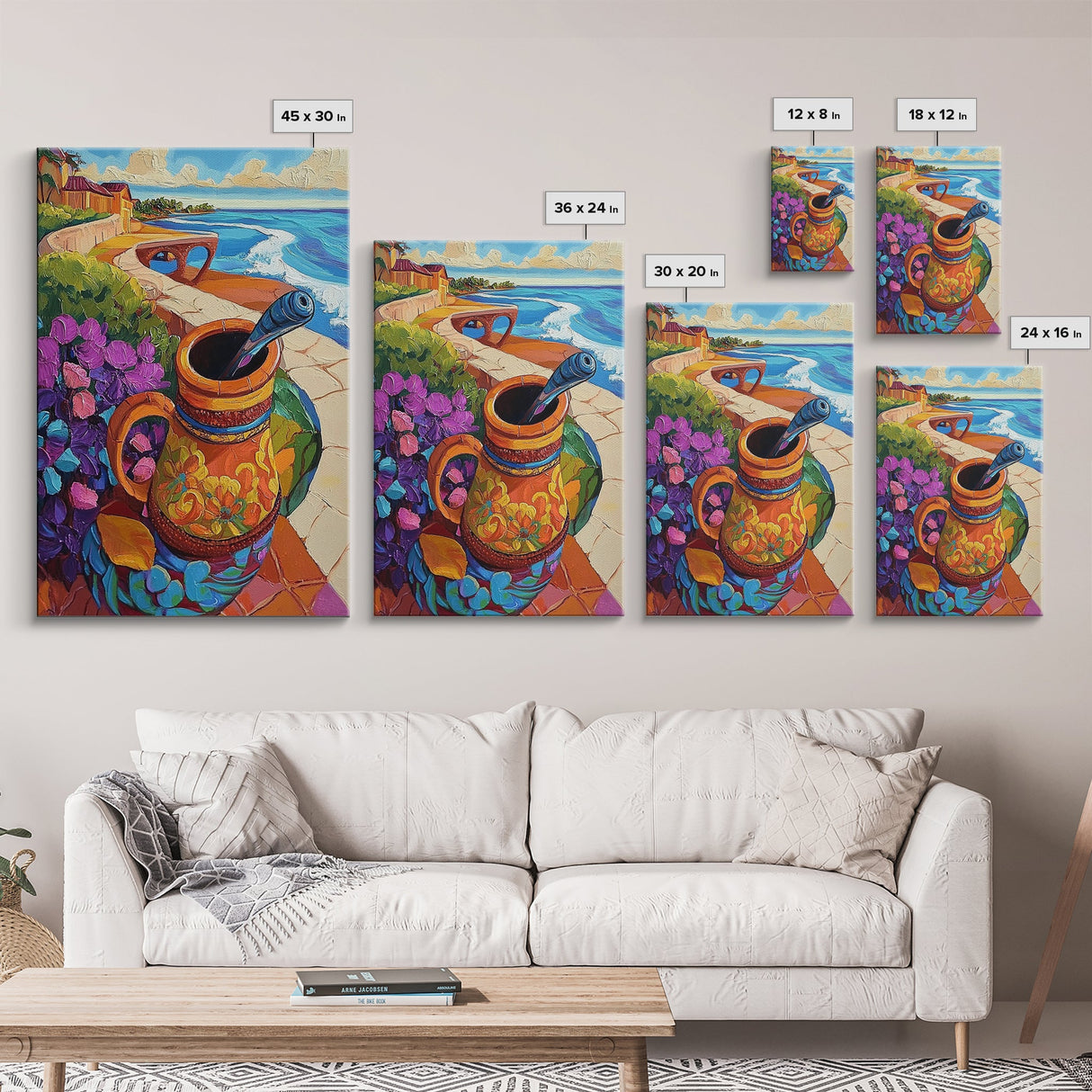 Ocean View, Rustic Charm, Colorful Pottery, Coastal Decor, Framed Canvas Print, Dining Room Wall Art, Mexican Folk Art, vibrant style