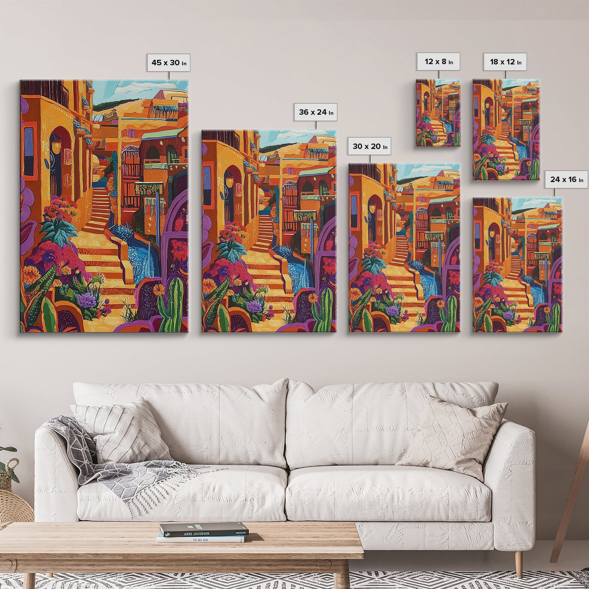 Adobe Village, Desert Color, Southwest Scene, Bright Homes, Framed Canvas Print, Living Room Wall Art, boho rustic art, warm decor