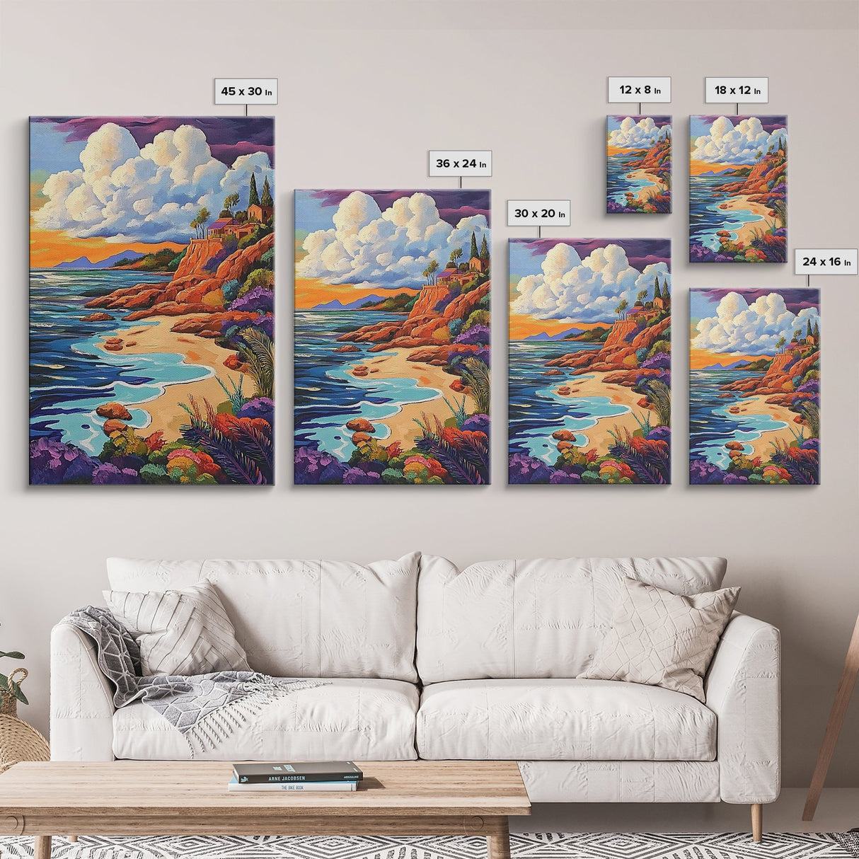 Sunset Beach, Colorful Coastline, Ocean Landscape, Canvas Print, Fall Home Decor, Living Room Wall Art, Dreamy Seaside Painting