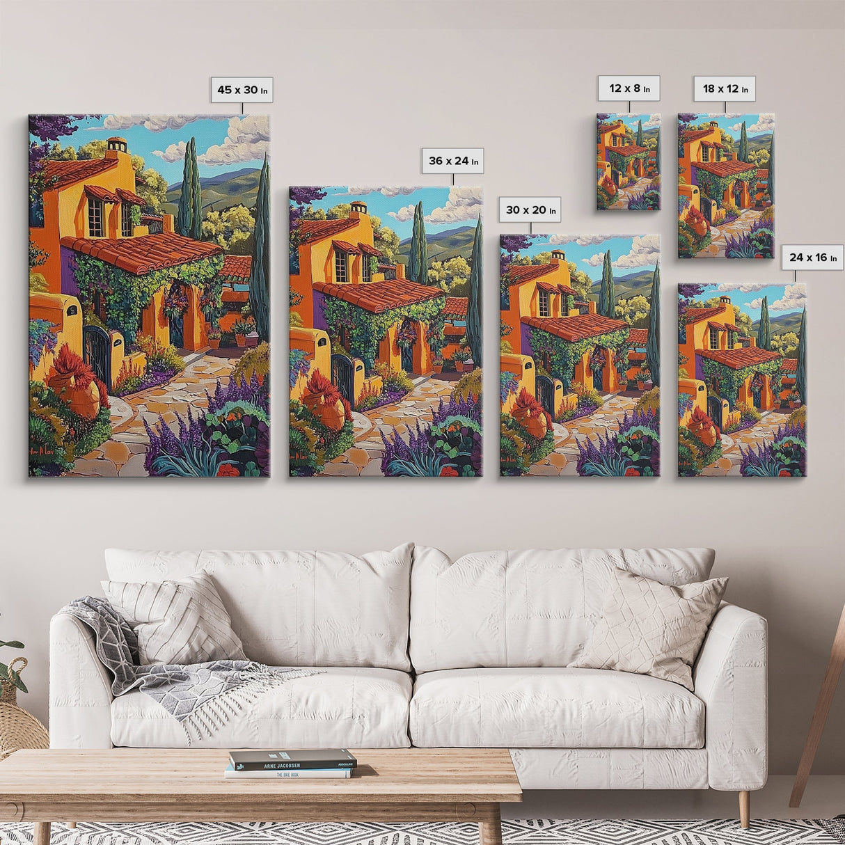 Spanish Villa, Rustic Path, Mediterranean Home Decor, Framed Canvas Print, Warm Color Art, Living Room Wall Art, Autumn Architecture Style