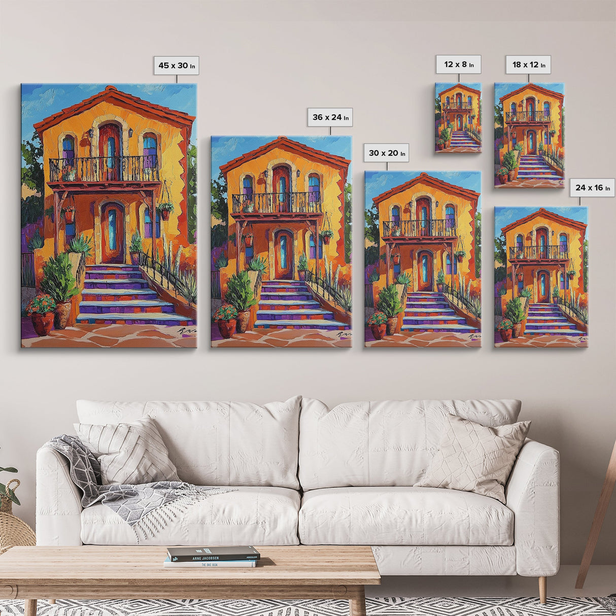 Adobe House, Vibrant Southwest, Fall Architecture Wall Art, Canvas Print, Rustic Staircase Scene, Boho Living Room Decor, Warm Entryway Art