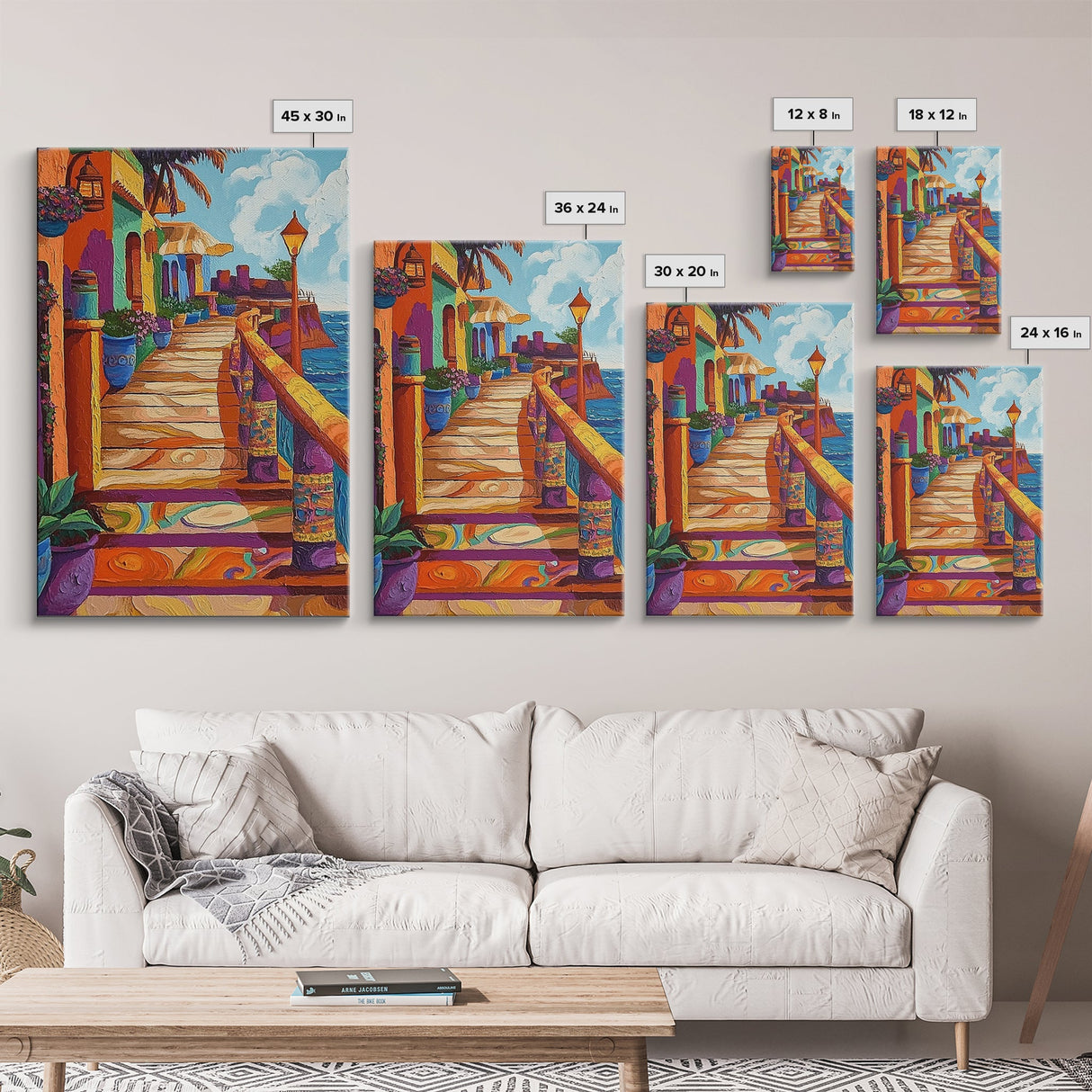 Coastal Colorful Pathway Painting, Framed Canvas Print, Boho coastal wall art, beach town painting, hallway decor, summer vibe
