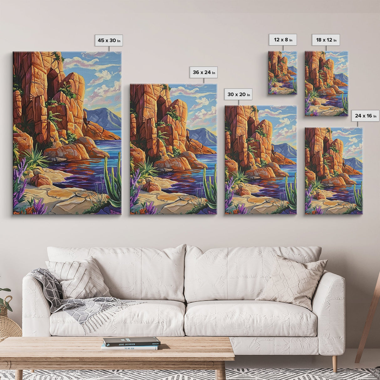 Desert Cliffside, Ocean View, Nature Painting, Colorful Landscape, Living Room Wall Art, Framed Canvas Print, Southwest Home Decor