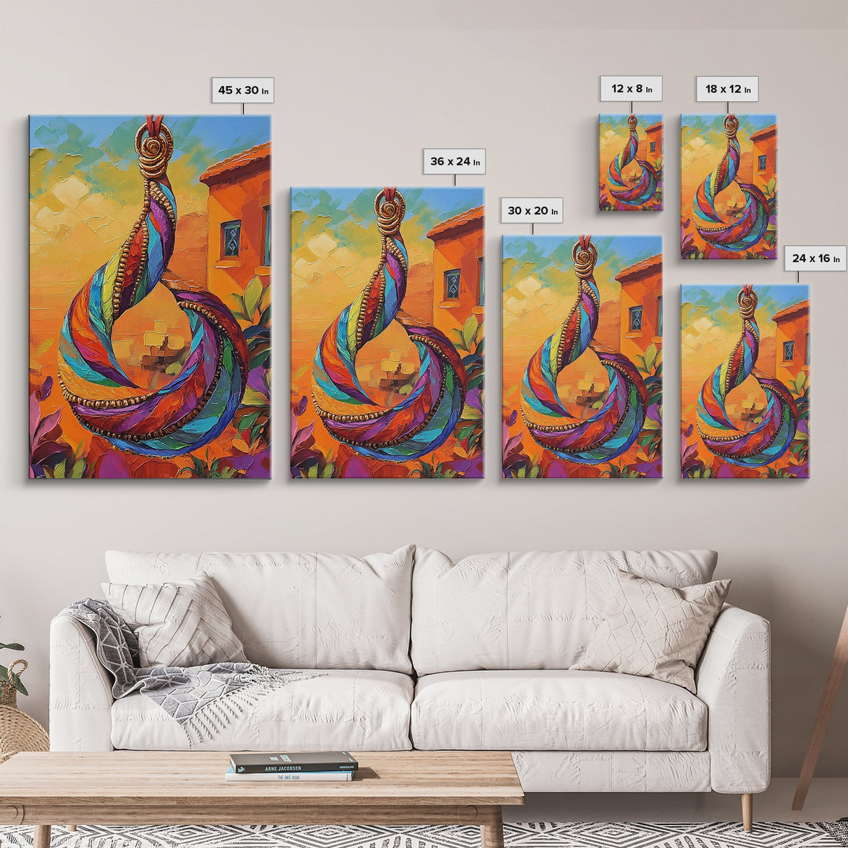 Colorful Pendant, Abstract Jewelry, Bohemian Style, Artistic Decor, Warm Sunset Tones, Bedroom Wall Art, Framed Canvas Print