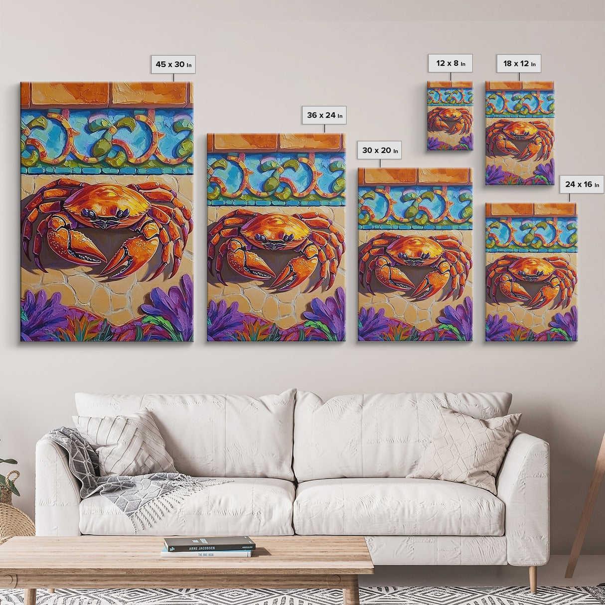 Colorful Crab, Coastal Tile Art, Beachy Wall Accent, Nautical Style, Kitchen Wall Art, Seaside Decor, Canvas Print, Tropical Vibe