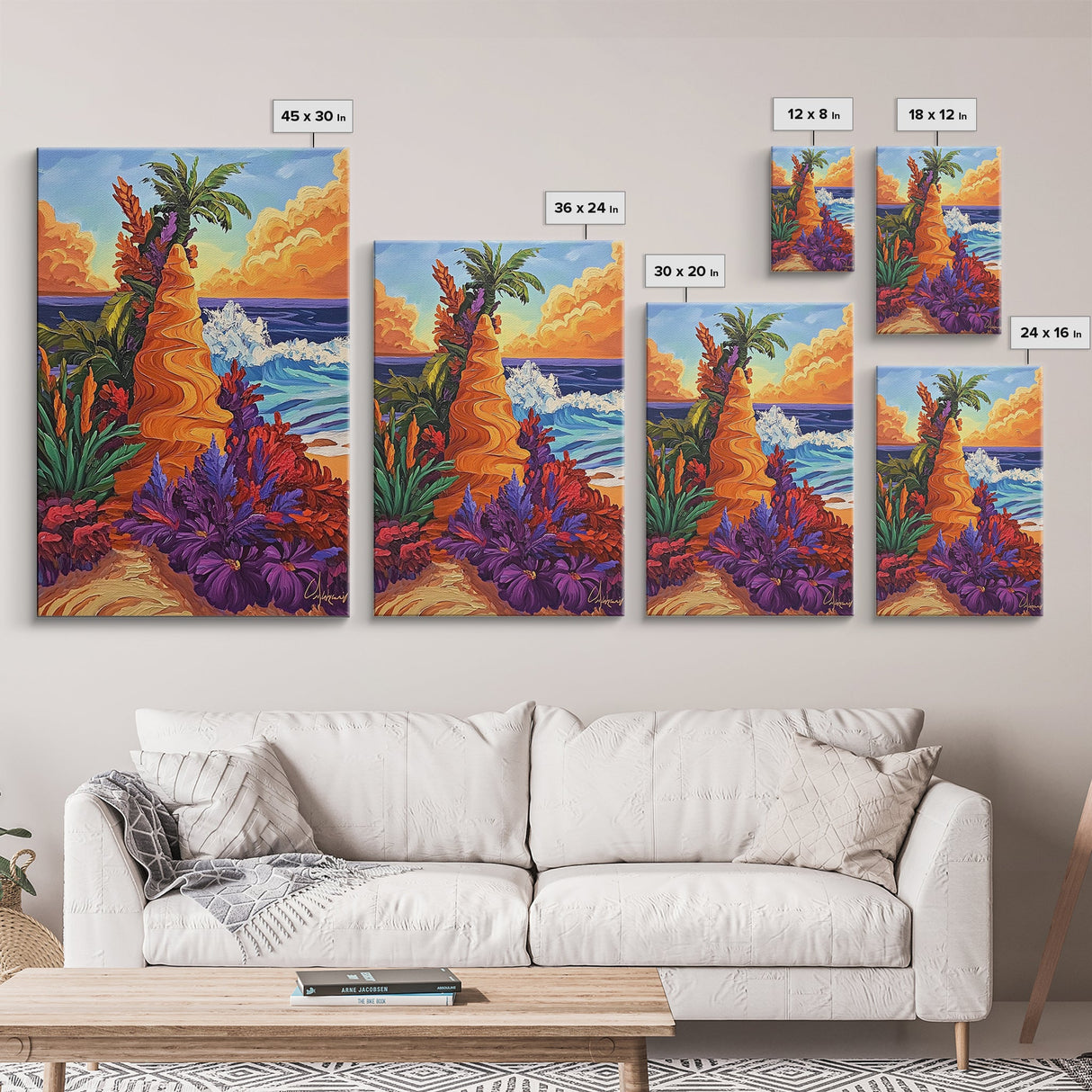 Tropical Bluff, Palm Trees, Coastal Fantasy Scene, Bold Beach Colors, Seaside Home Decor, Canvas Print, Living Room Wall Art