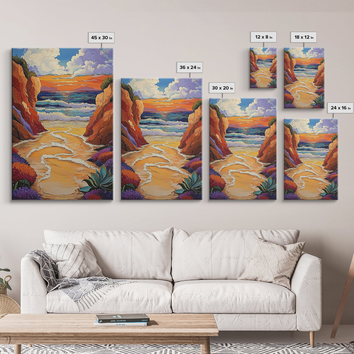 Golden Beach, Sunset Cliffs, Vibrant Ocean Art, Coastal Escape, Fall Color Palette, Canvas Print, Bedroom Wall Art, Tranquil Style