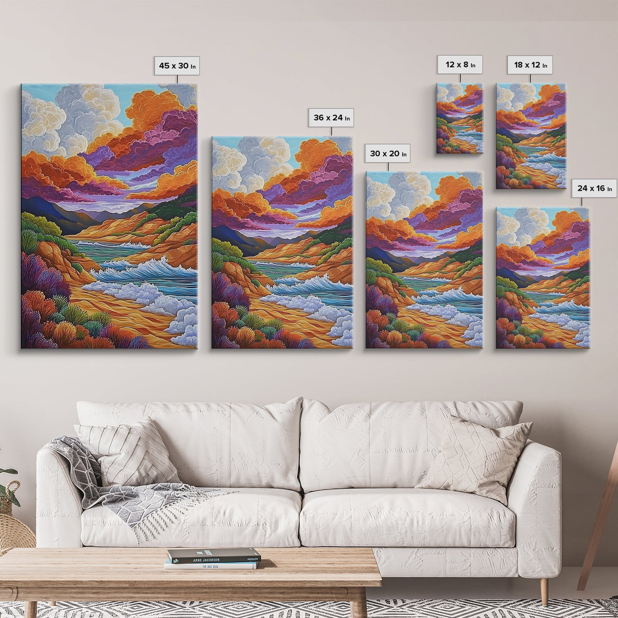Dramatic Sky, Ocean Hills, Coastal Magic, Colorful Clouds, Framed Canvas Print, living room coastal decor, vibrant nature art, boho fall