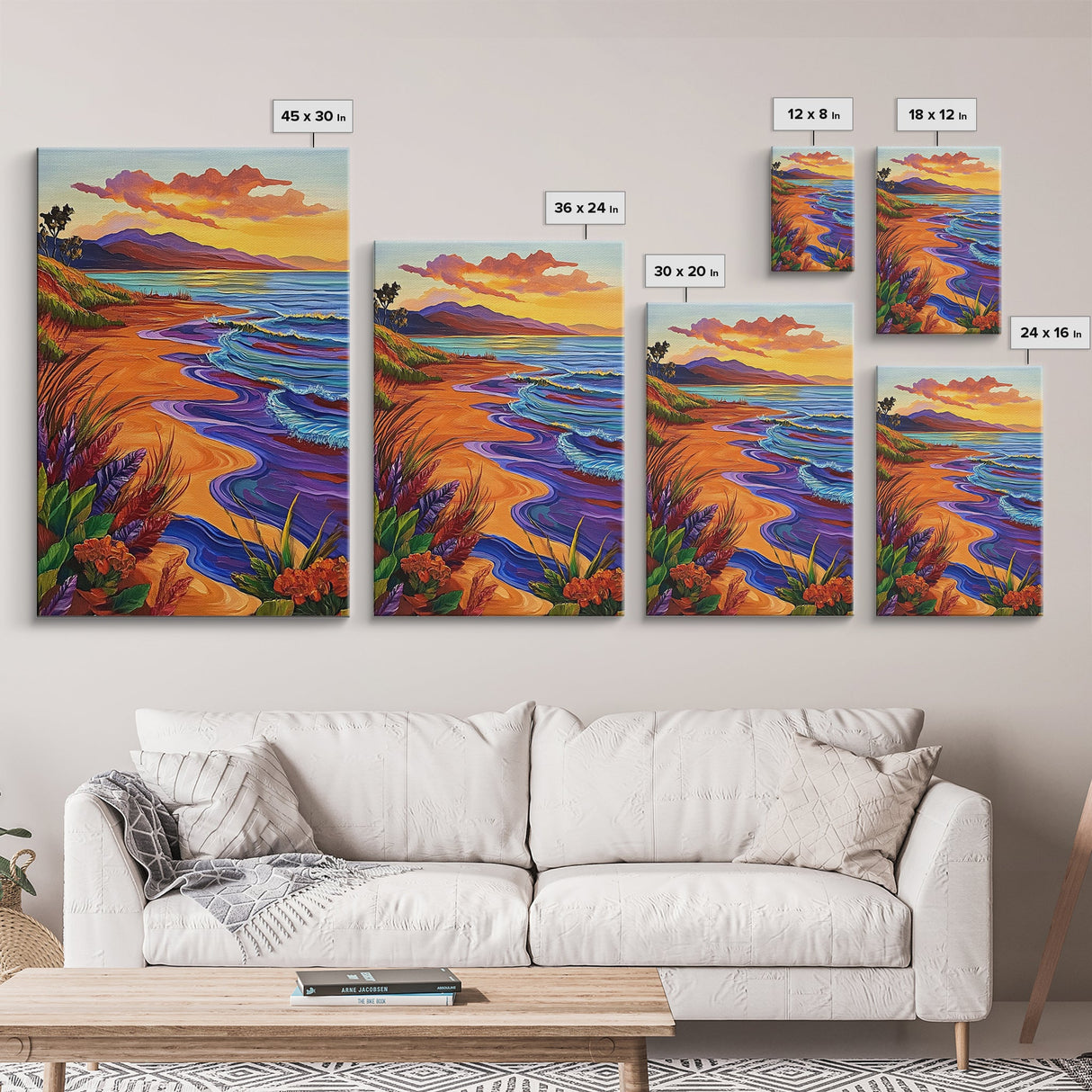 Vibrant Beach Sunset, Ocean Waves, Tropical Coastline, Coastal Landscape, Framed Canvas Print, Living Room Wall Art, Colorful Beach Art