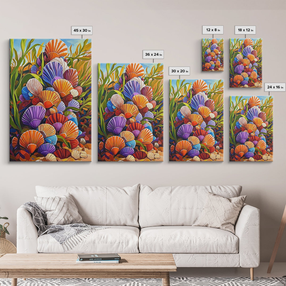 Rainbow Seashells, Coastal Treasures, Ocean Shell Art, Beach Decor, Framed Canvas Print, Bathroom Wall Art, Nautical Boho Art