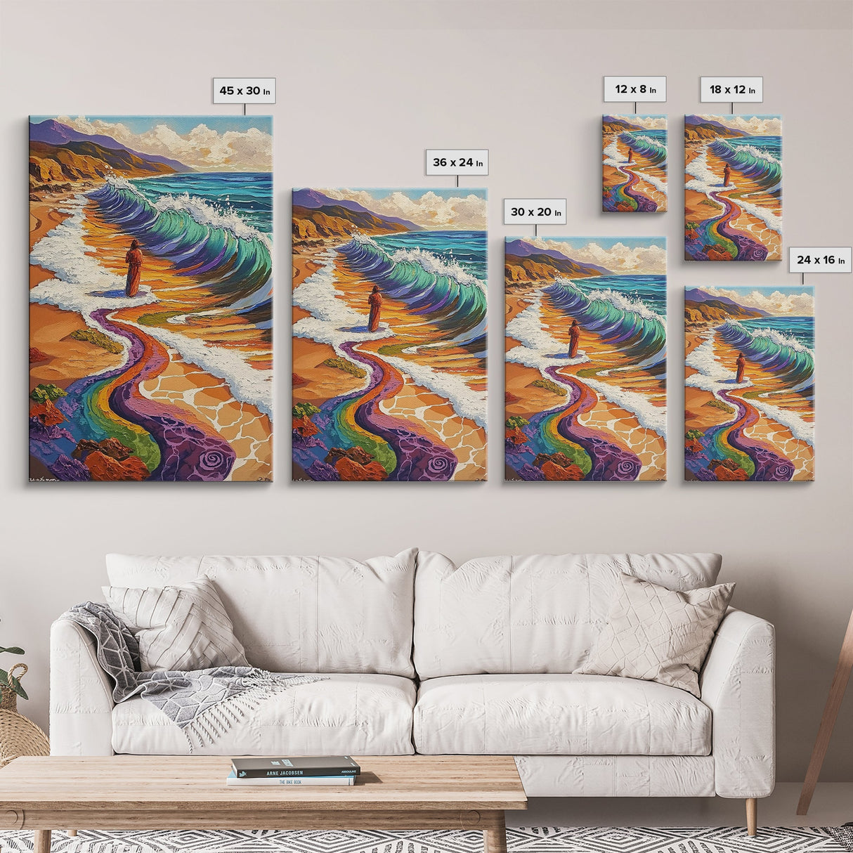 Rainbow Wave, Beach Woman, Mystical Shoreline, Color Explosion, Framed Canvas Print, Spiritual Wall Art, Vibrant Meditation Art