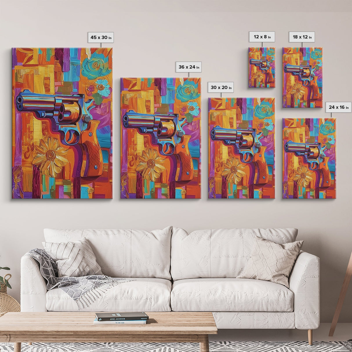 Pop Art Revolver, Bold Gun Art, Urban Wall Decor, Framed Canvas Print, Eclectic Studio Wall Art, Psychedelic Style, Colorful Abstract Art