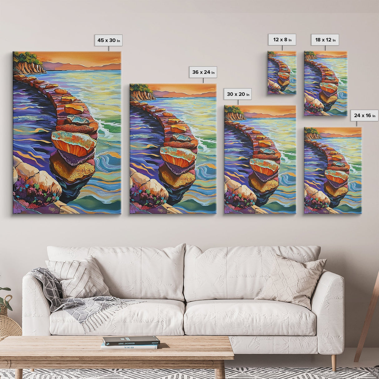 Sunset Rock Path, Ocean Wall Art, Serene Coastal Scene, Framed Canvas Print, Bohemian Living Room Decor, Water Landscape Painting