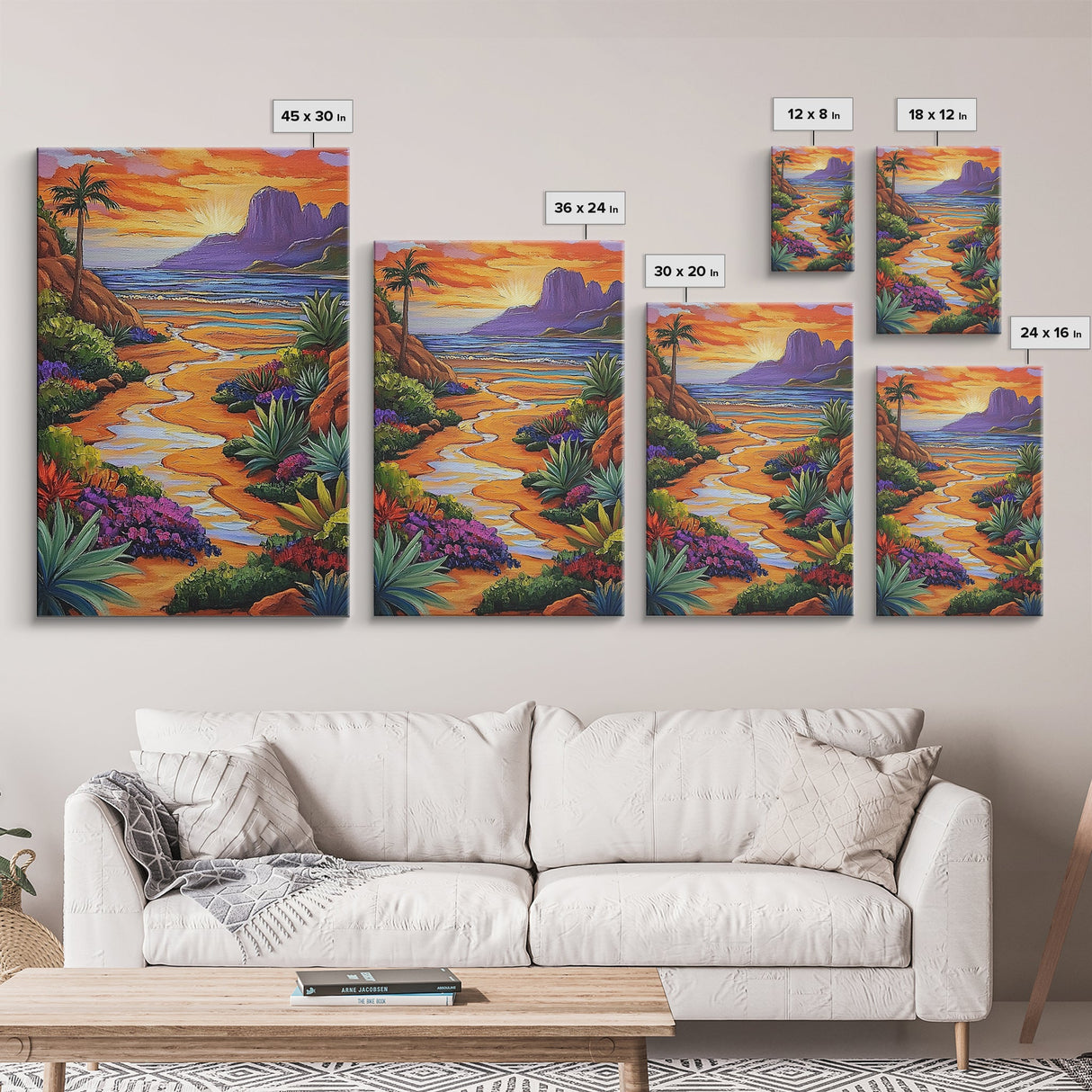 Desert Beach, Mountain Sunset, Ocean Stream, Palm Tree — Framed Canvas Print vibrant landscape wall art, boho living room, beach house decor