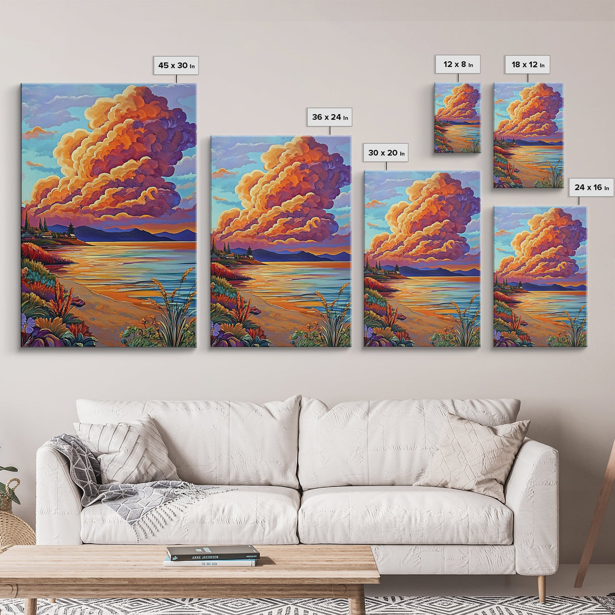 Sunset Bay, Dramatic Clouds, Lakeside View, Village Scene — Canvas Print rustic lake house decor, Fall living room wall art, scenic painting