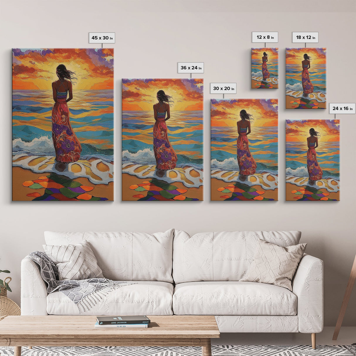 Sunset Beach Woman, Ocean Waves Art, Boho Coastal Decor, Tropical Wall Art, Canvas Print, Living Room Accent, Vibrant Beach Scene