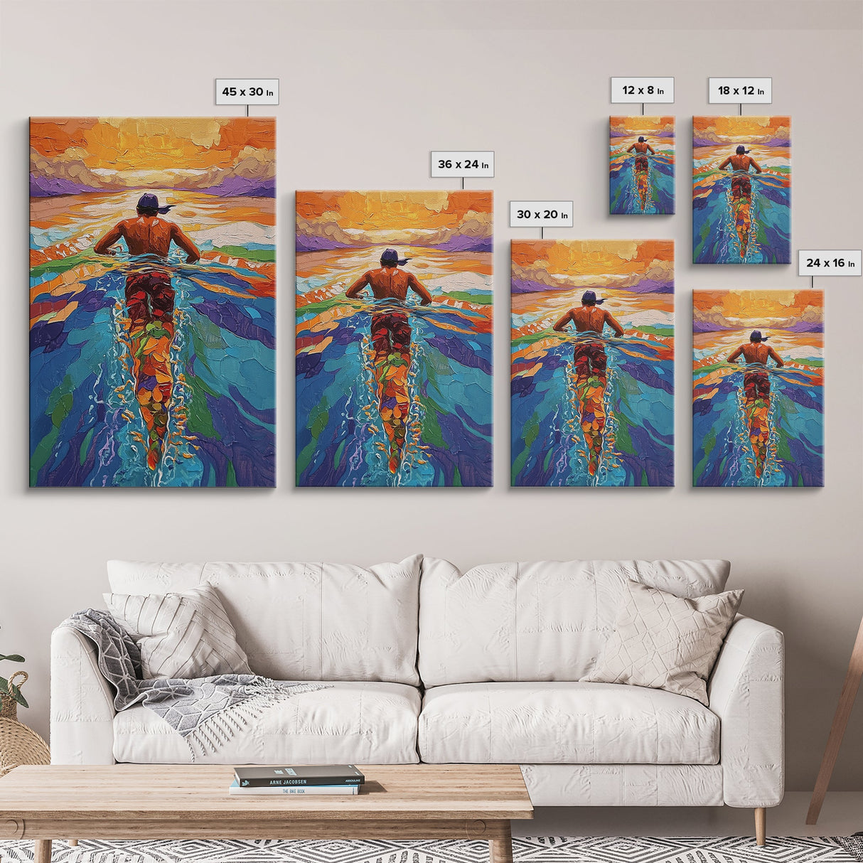 Man Swimming Sunset, Ocean Freedom Art, Tropical Wall Decor, Canvas Print, Bright Water Colors, Bold Bathroom Wall Art