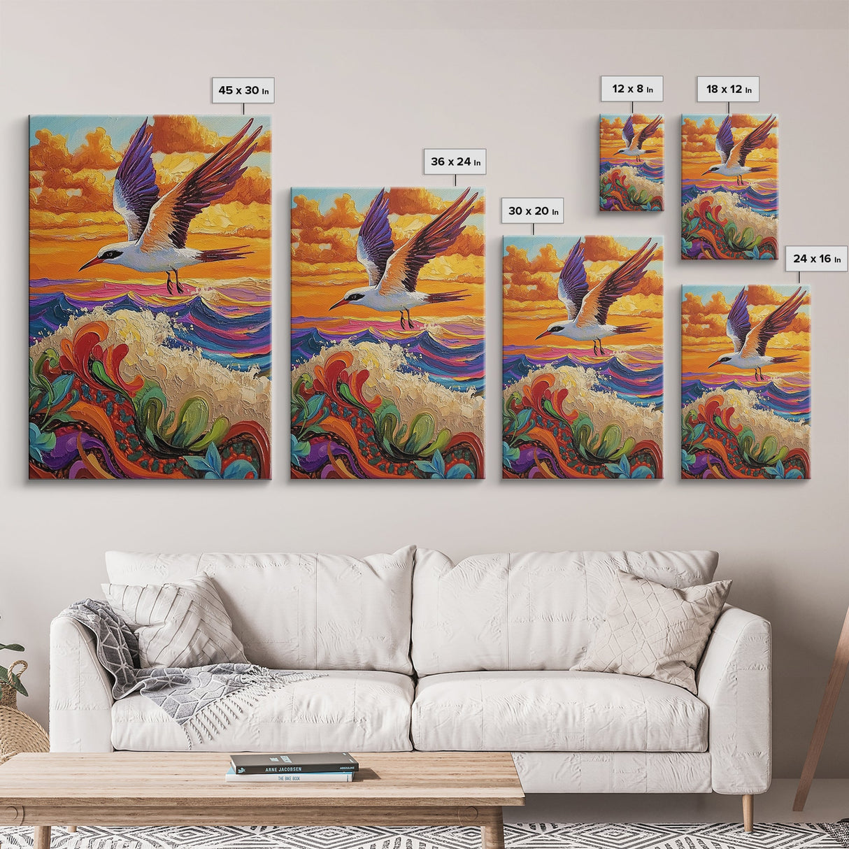 Flying Bird Sunset, Colorful Ocean Waves, Tropical Wildlife Art, Canvas Print, Boho Nature Decor, Fall Wall Accent, Vibrant Scene