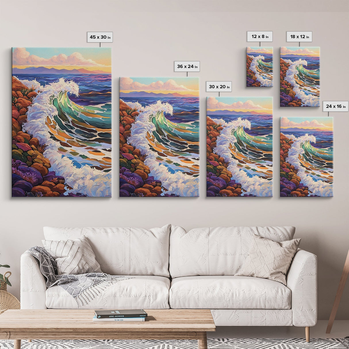 Crashing Ocean Wave, Rocky Coastline Scene, Vibrant Beach Art, Framed Canvas Print, Nature Inspired, Coastal Living Room Wall Art