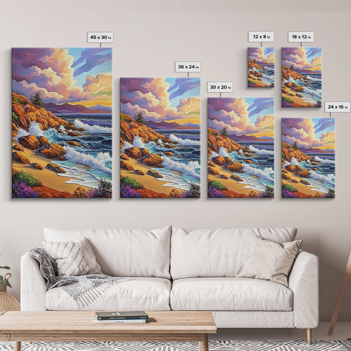 Rocky Beach Landscape, Dramatic Sky Scene, Coastal Ocean View, Canvas Print, Fall Nature Decor, Living Room Wall Art