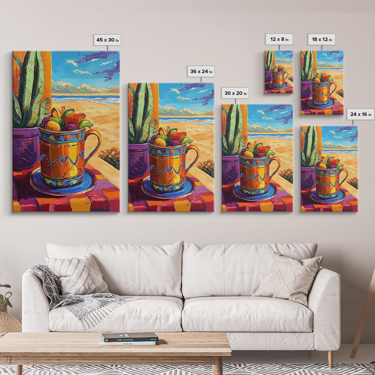 Fruit Mug Art, Coastal Kitchen Decor, Colorful Summer Vibes, Framed Canvas Print, Bright Wall Art, Boho Dining Room Accent
