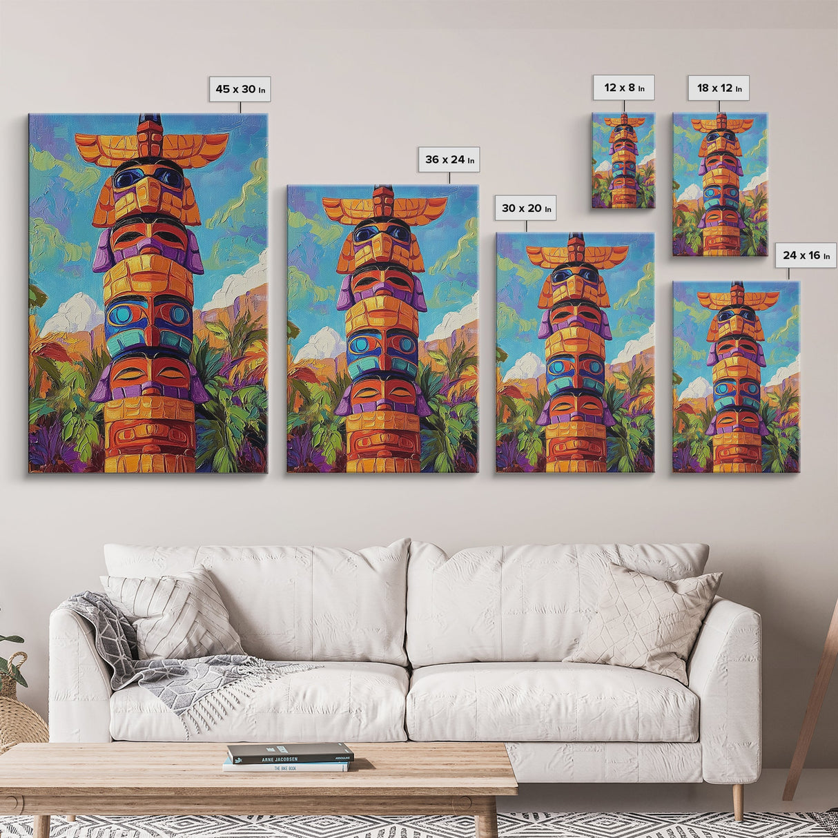 Totem Pole Painting, Tribal Inspired Decor, Canvas Print, Vibrant Wall Art, Boho Art Style, Entryway Statement Art, Unique Cultural Art