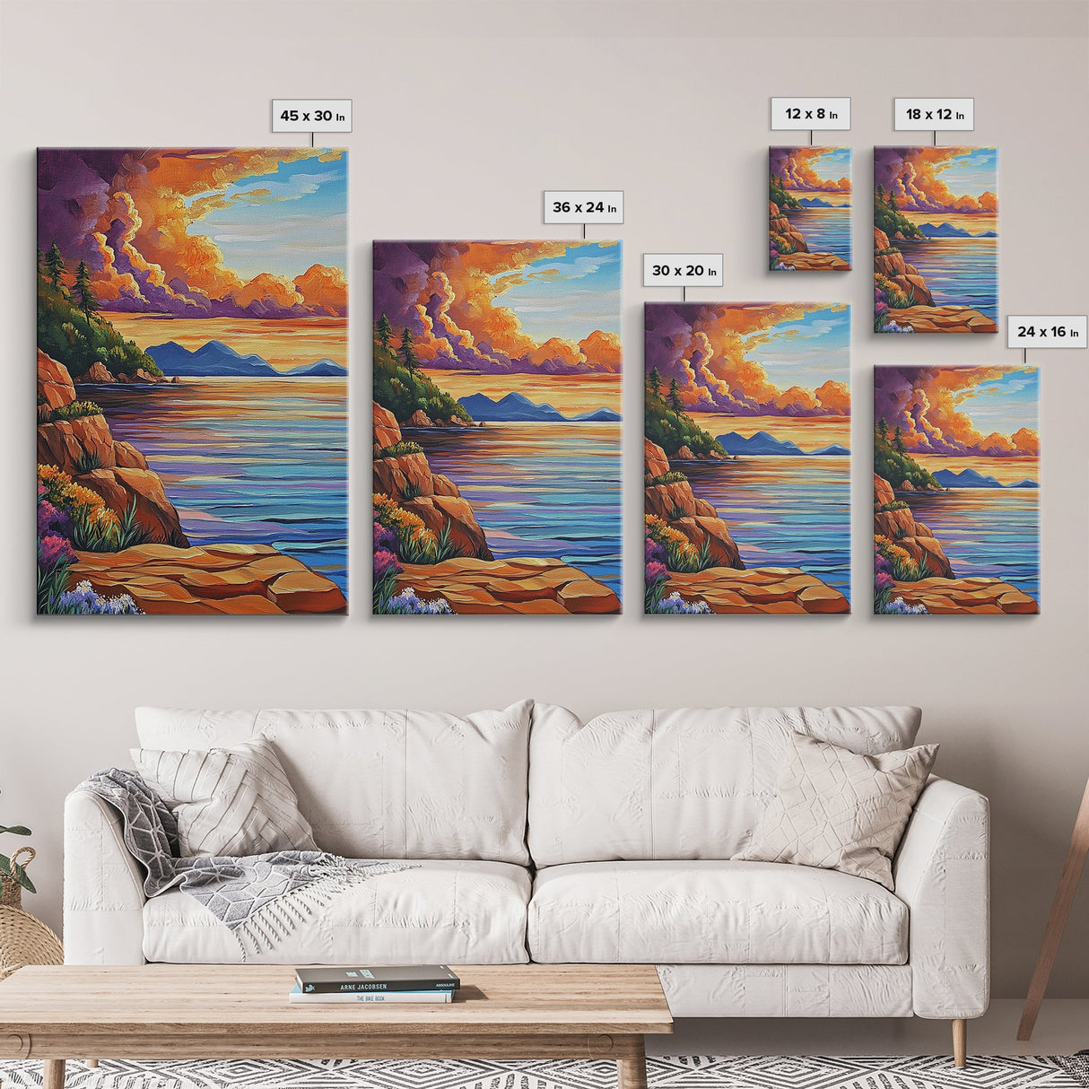 Sunset Shore, Tranquil, Mountains, Framed Canvas Print scenic mountain coast, sunset wall art, calming nature art, bohemian living room decor
