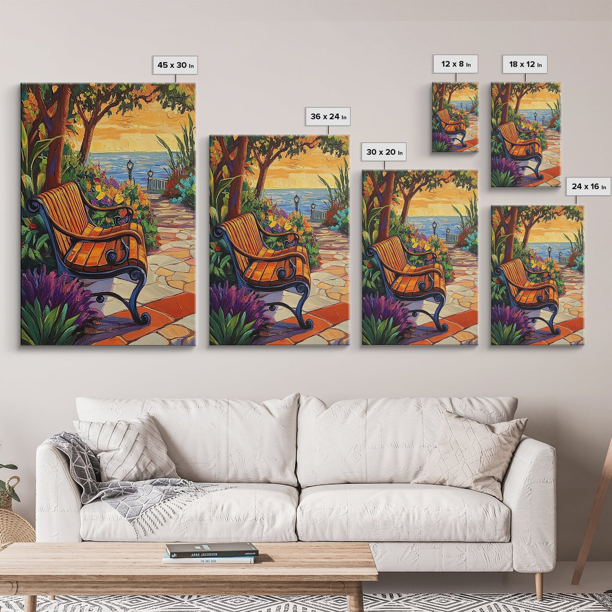 Sunset Garden Bench, Tranquil Nature Art, Romantic Outdoor View, Framed Canvas Print, Cozy Living Room Wall Art, Boho Landscape
