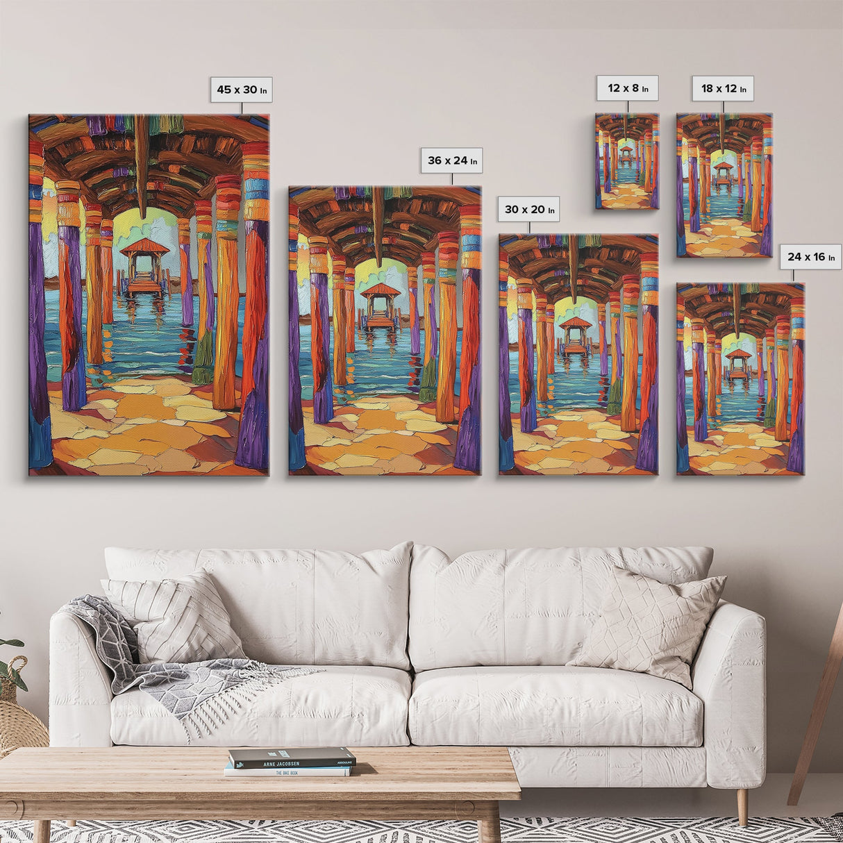 Dock Walkway, Tropical Pier, Ocean View, Beach Art, Framed Canvas Print coastal home decor, hallway wall art, vibrant nautical painting