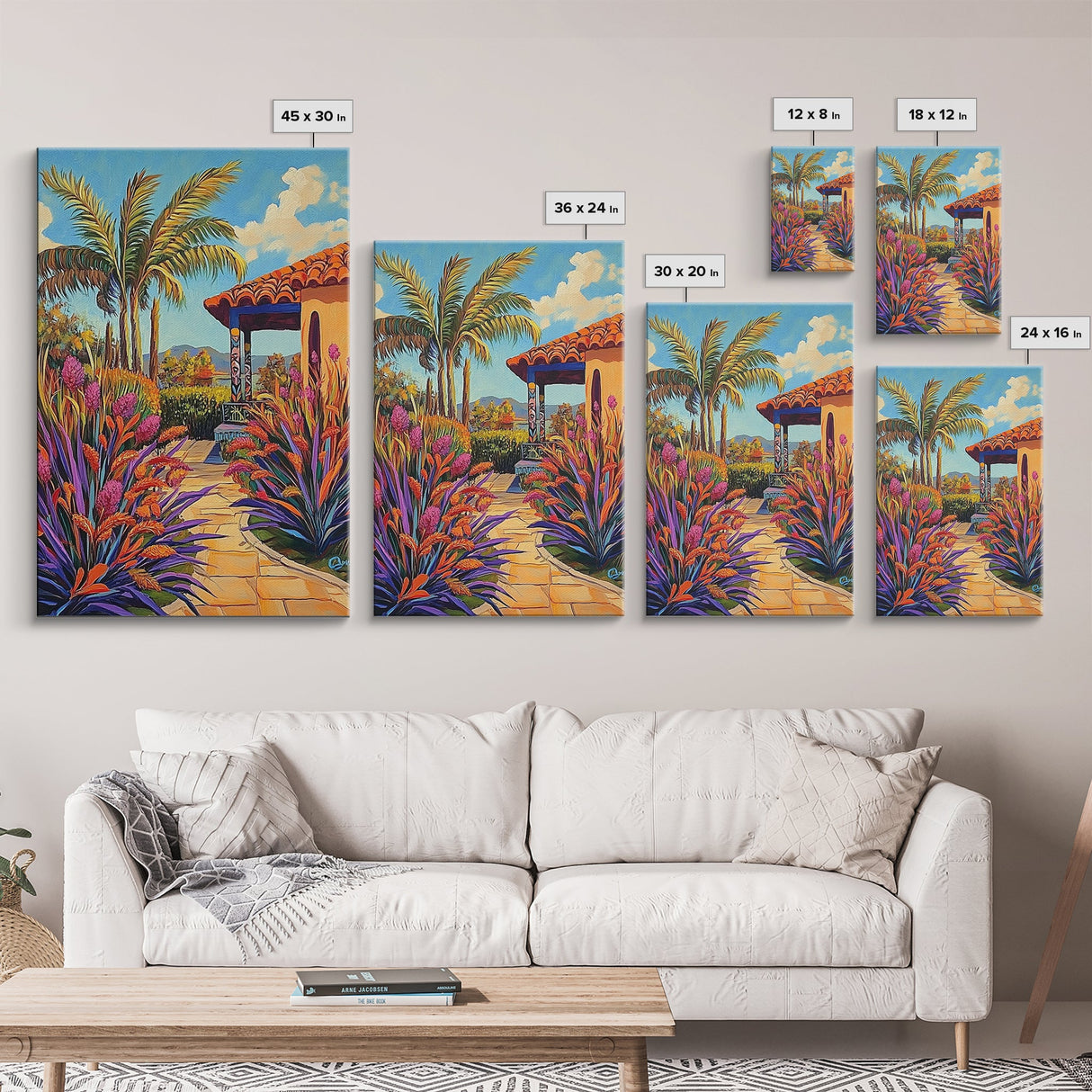 Tropical Path, Palm Trees, Garden Walkway, Vibrant Flora, Framed Canvas Print patio decor, vacation home wall art, coastal impressionist