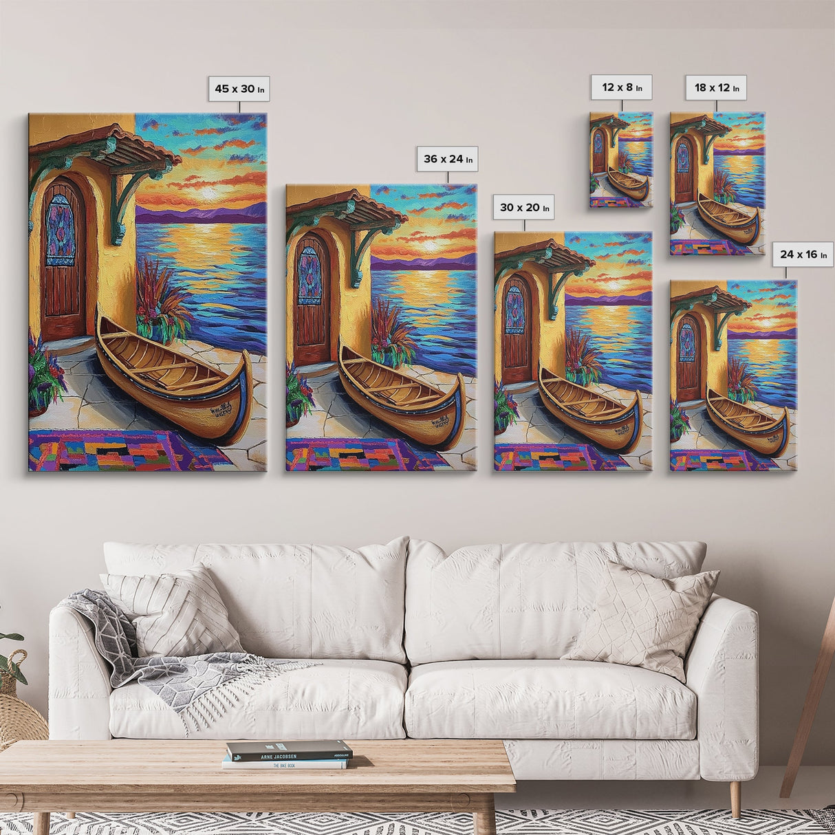 Lakeside Sunset, Canoe, Serenity, Framed Canvas Print, rustic lakefront, sunset art, cozy cabin vibe, boho lakehouse wall art, den art