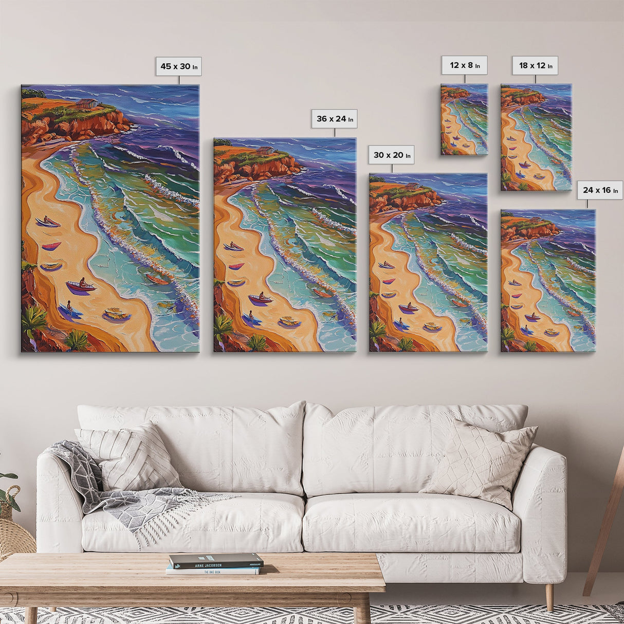 Beach Waves, Boats, Aerial Coastal Landscape, Framed Canvas Print, Boho Ocean Art, Bathroom Wall Decor, Vibrant Nautical Artwork