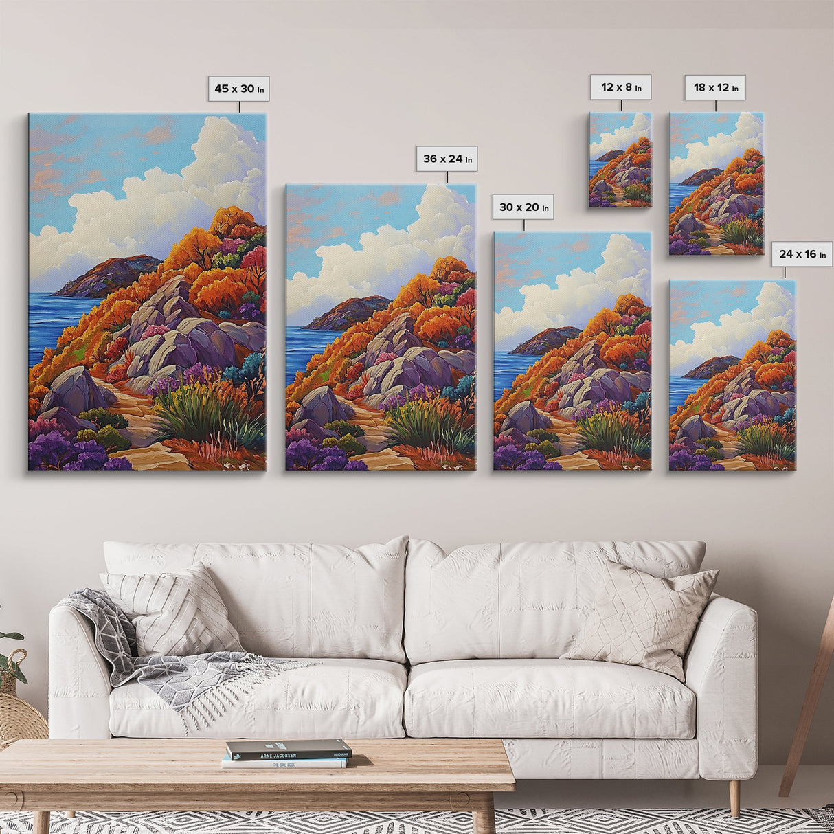 Autumn Cliffside, Trail, Ocean, Framed Canvas Print, fall coastal landscape, boho mountain decor, bold colors, seasonal Living Room art