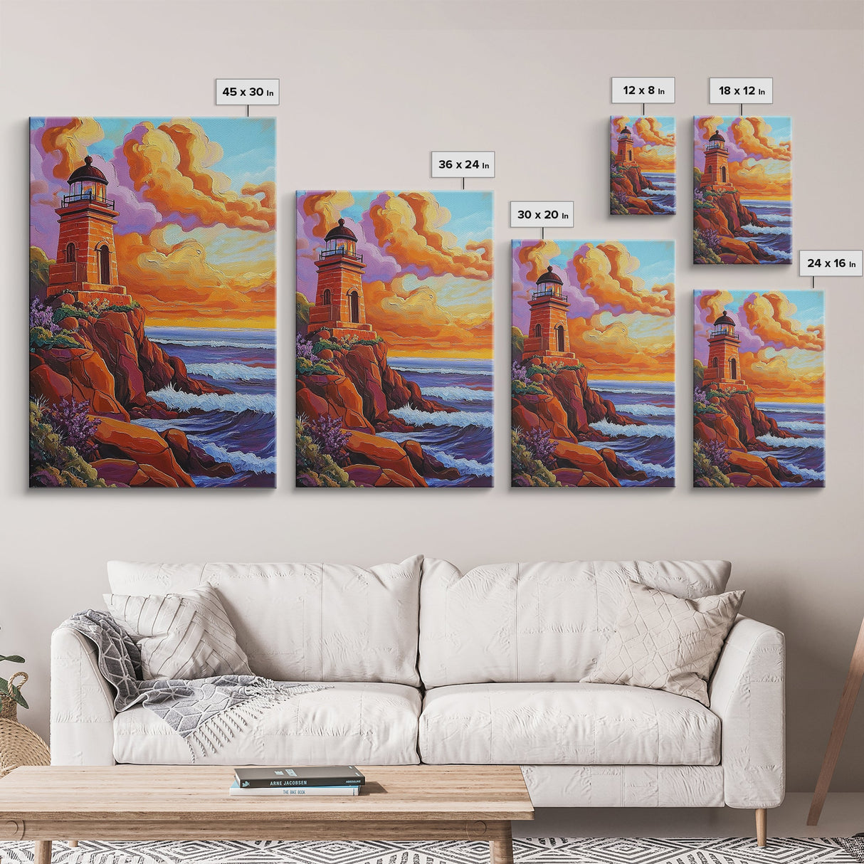 Lighthouse Sunset, Waves, Dramatic Coastal Sunset, Framed Canvas Print, Nautical Office Wall Art, Fall Coastal Decor, Bold Color Painting