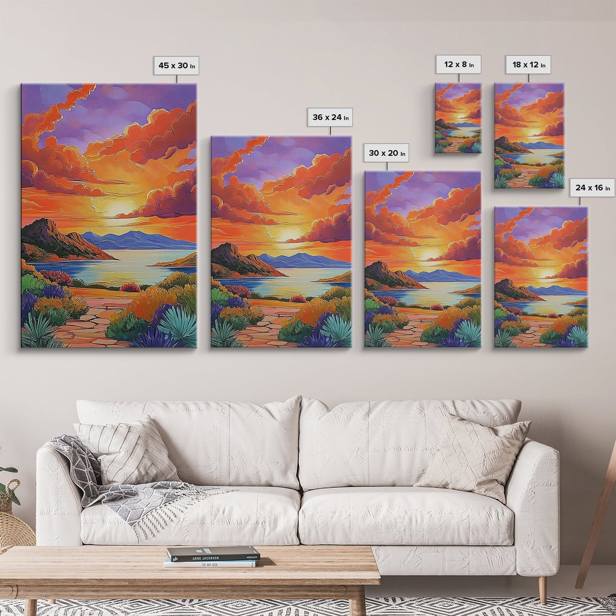 Sunset, Desert, Lake, Landscape, Framed Canvas Print, Vibrant sunset over desert lake with bold skies, perfect Southwest living room wall art