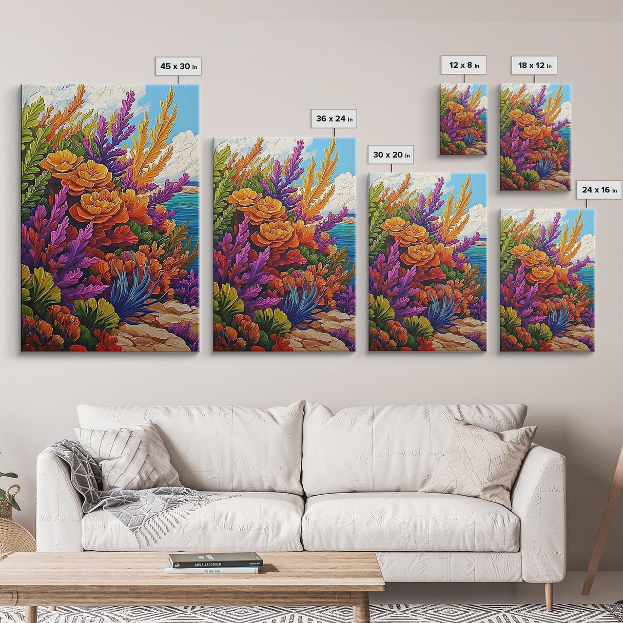 Coastal, Botanical, Garden, Flowers, Framed Canvas Print, Bright coastal flowers with ocean view, ideal summer vibe bathroom or patio wall art