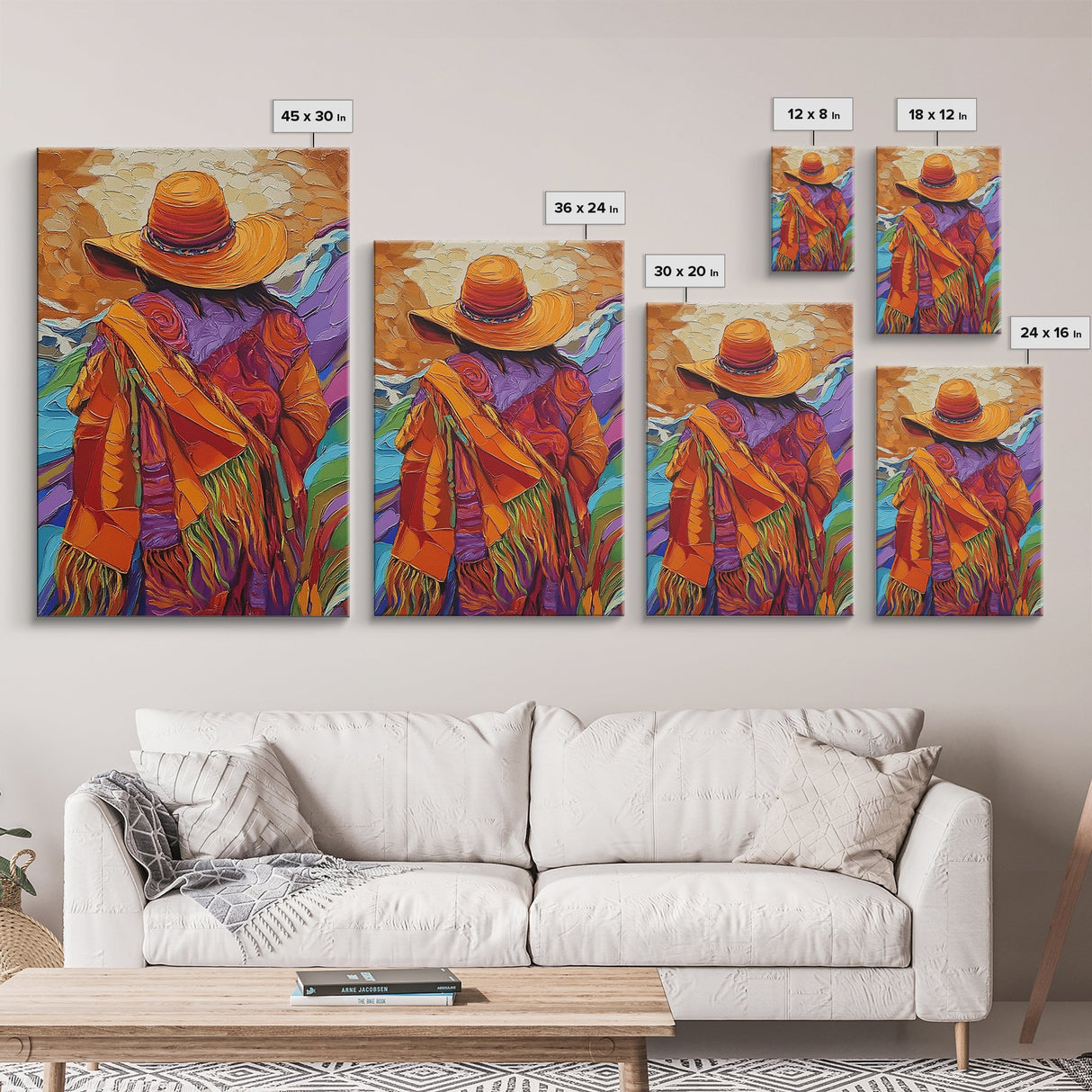 Woman, Hat, Mountains, Blanket, Canvas Print, Southwest-inspired woman with hat and blanket, rustic fall-themed living room wall decor