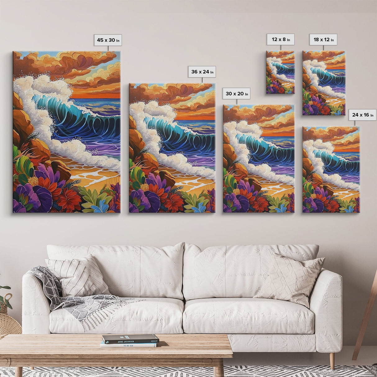 Wave Bold, Ocean, Sunset, Framed Canvas Print, Sunset surf wave crashing on rocks with bold colors, perfect beach house wall art