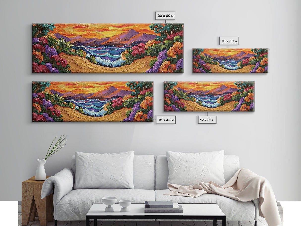 Tropical Sunset Cove, Vibrant Ocean Painting, Beach House Decor, Bold Nature Scene, Boho Living Room Canvas Print, Nature Painting