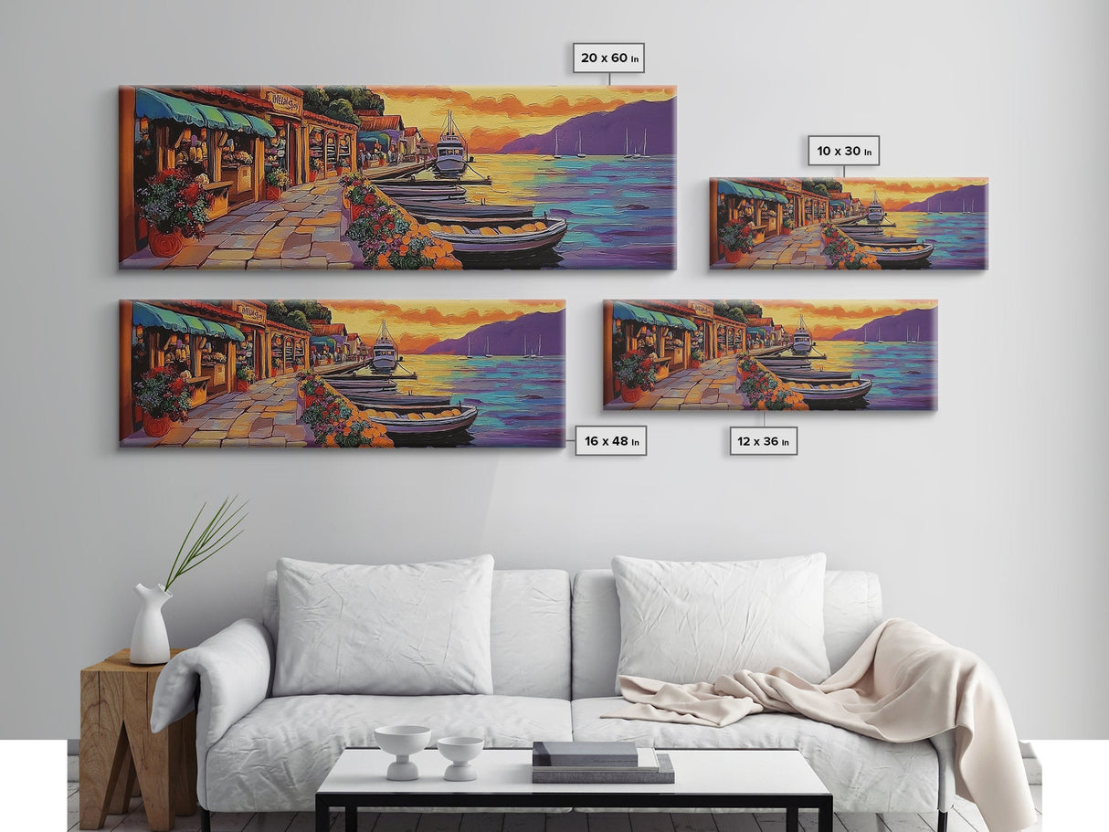 Harbor Village Sunset, Vibrant Coastal Town Painting, Mediterranean Art, Kitchen or Hallway Decor Framed Canvas Print, Beach House Wall Art