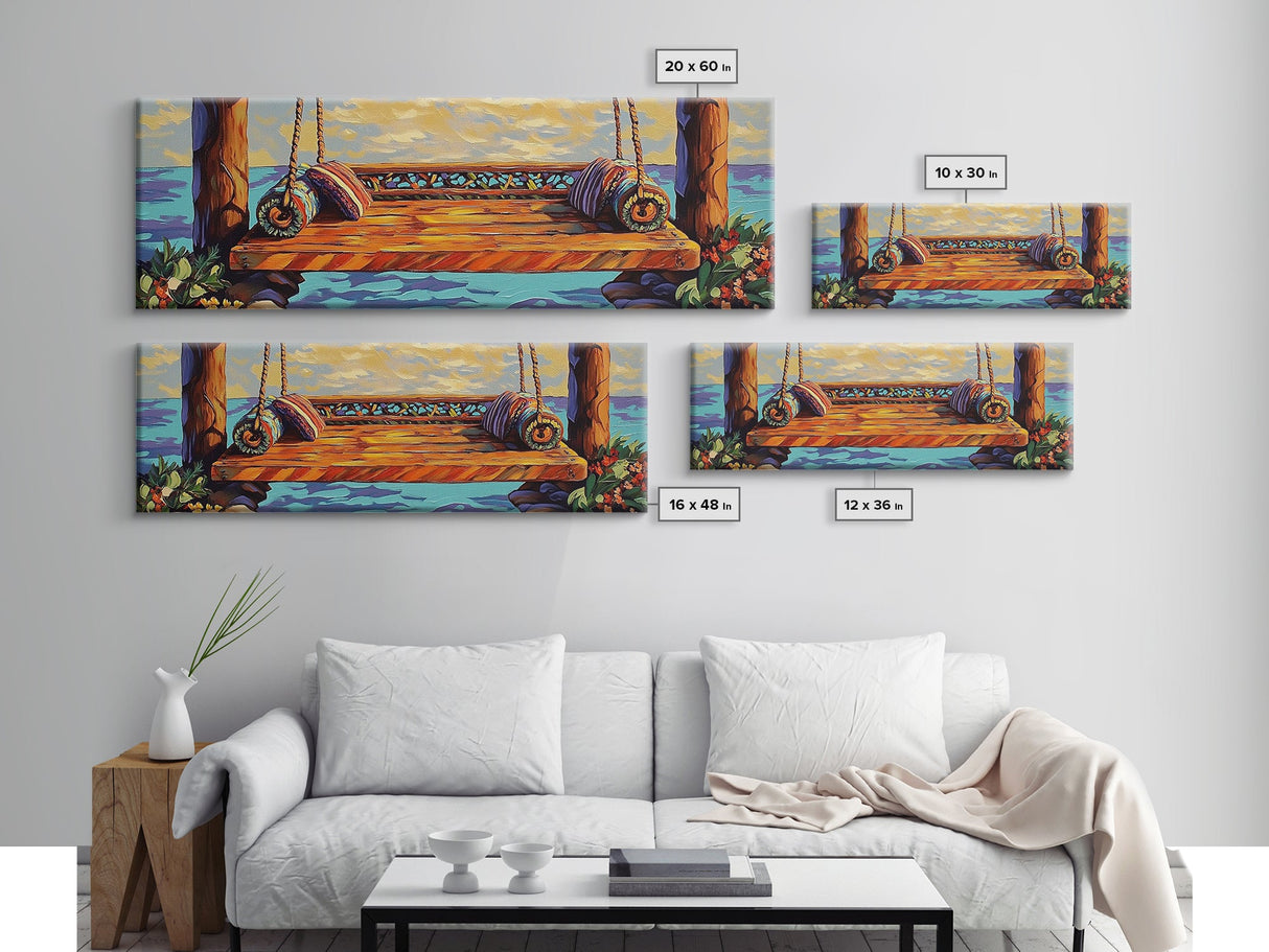 Ocean Swing Scene, Relaxing Seaside Painting, Nautical Coastal Art, Beach House Decor, Peaceful Canvas Print, Hallway Art, Bedroom Art