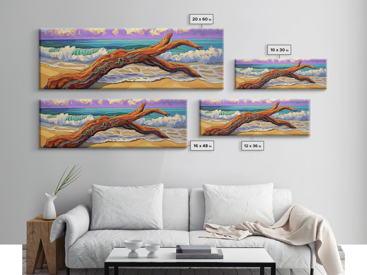 Driftwood Beach, Ocean Wave Art, Coastal Wall Art, Framed Canvas Print, Nature Home Decor, Relaxing Bathroom Art, Bedroom Art