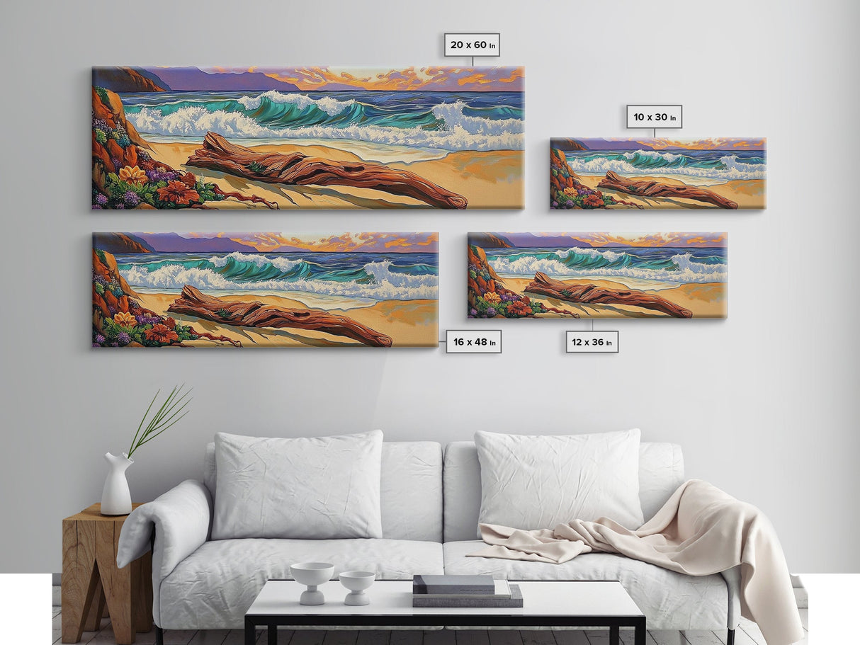 Ocean Shore Driftwood, Seaside Flower Art, Nature Landscape, Framed Canvas Print, Coastal Living Room or Beach House Wall Art