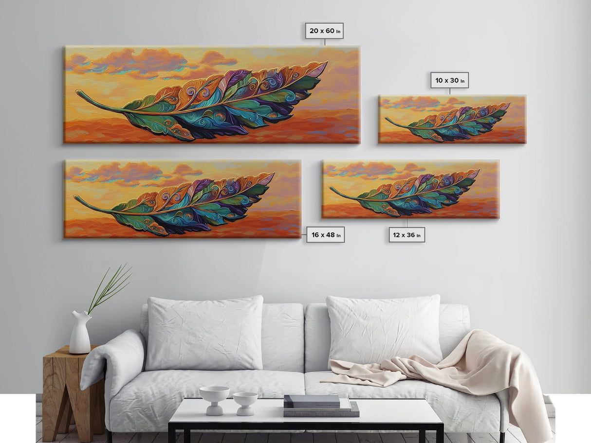 Colorful Leaf Art, Sunset Nature Decor, Vibrant Feather Design, Framed Canvas Print, Boho Wall Art, Entryway Accent Piece