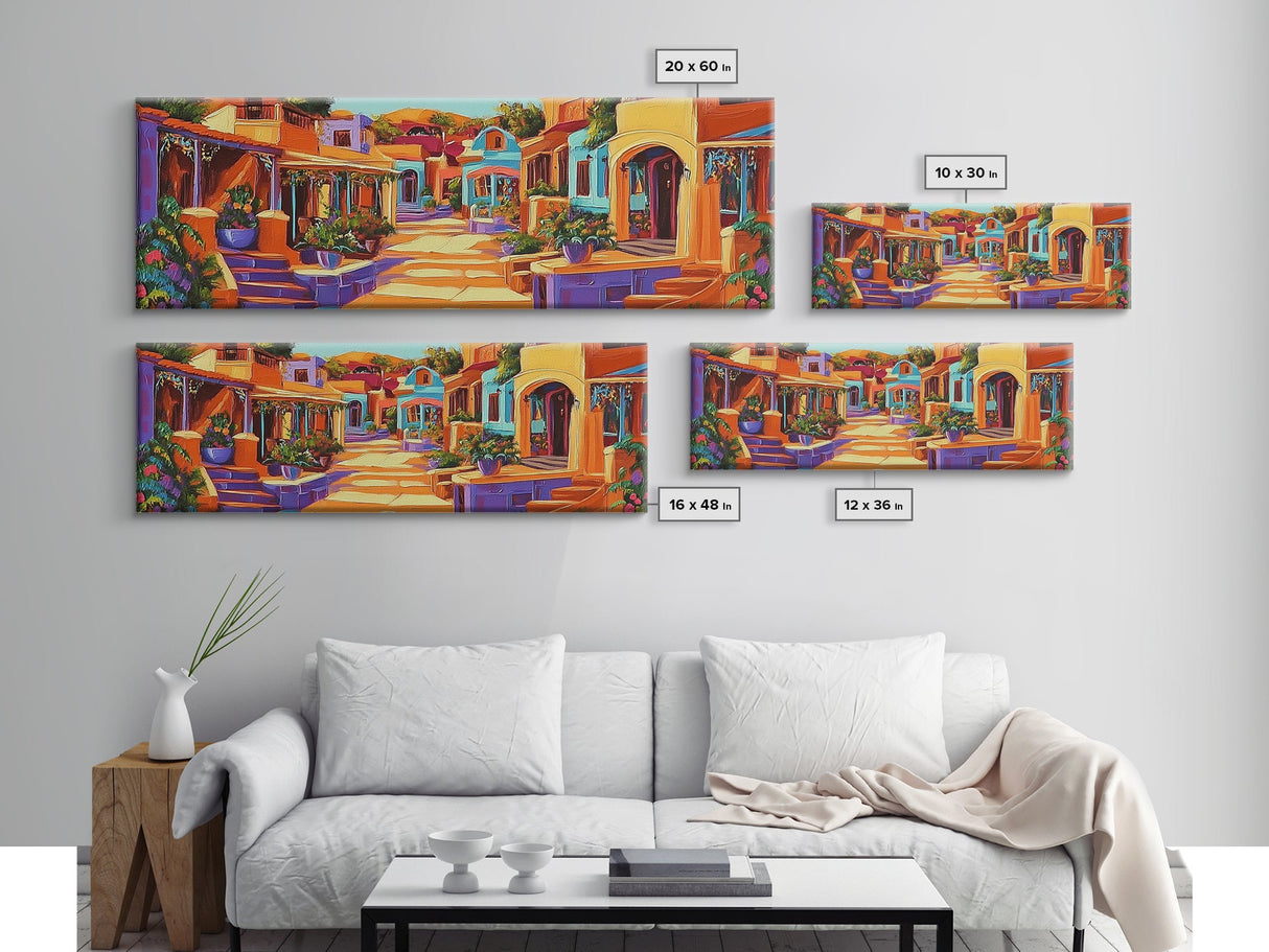 Colorful Village Lane, Bright Street Scene, Adobe Style Architecture, Framed Canvas Print, Boho Entryway Wall Art, Kitchen Decor