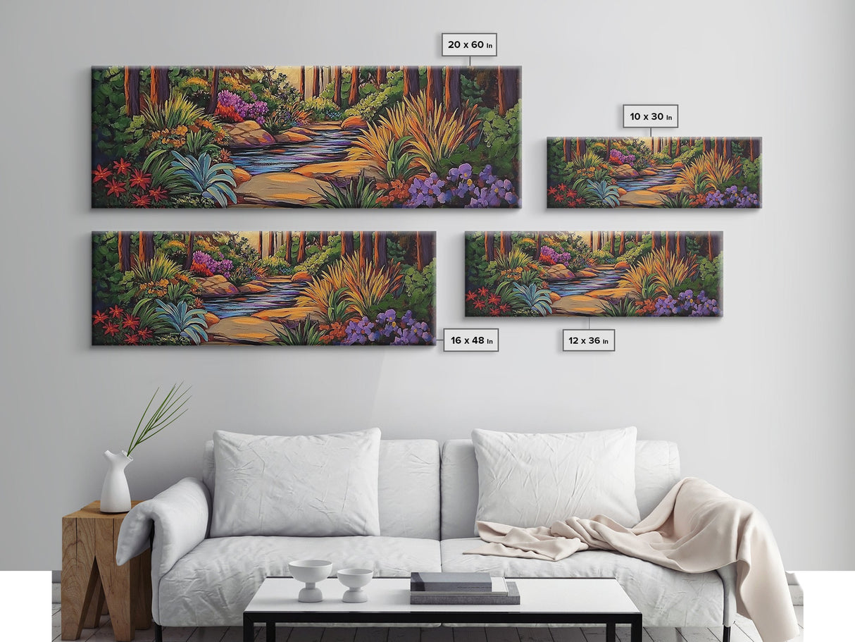 Woodland Path, Peaceful Stream, Vibrant Forest, Tranquil Nature, Framed Canvas Print, Office Wall Art, Nature Trail Decor