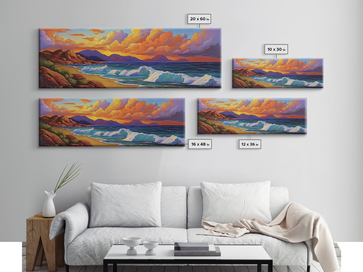 Coastal Sunset Glow, Ocean Horizon, Vibrant Wave Art, Framed Canvas Print, Living Room Wall Art, Colorful Beach Landscape