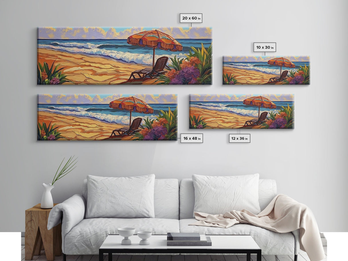 Beach Umbrella Scene, Vibrant Ocean View, Canvas Print, Tropical Coastal Decor, Seaside Living Room Wall Art, Boho Beach Style