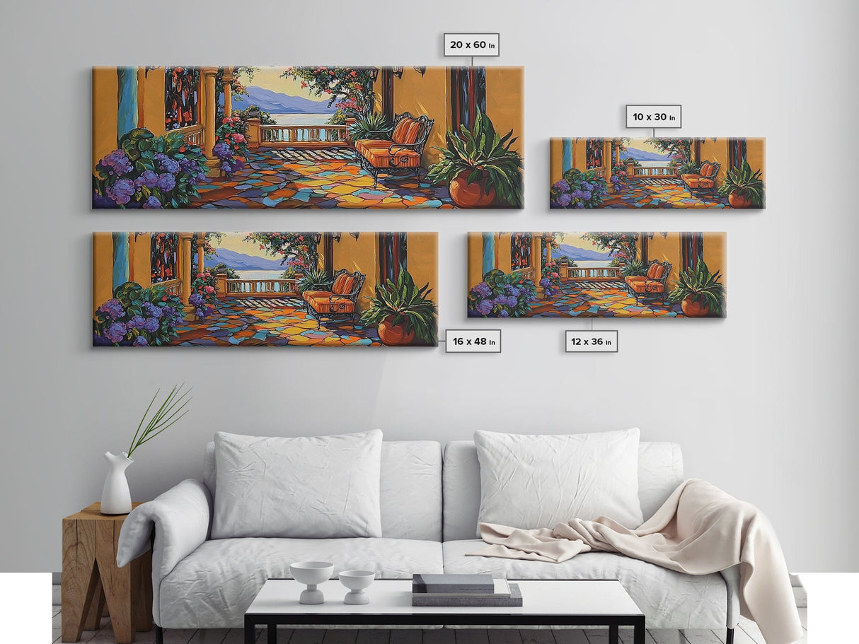 Garden Balcony, Mediterranean Villa, Sunset View, Cozy Terrace, Canvas Print, Tuscan Decor, Romantic Outdoor Wall Art